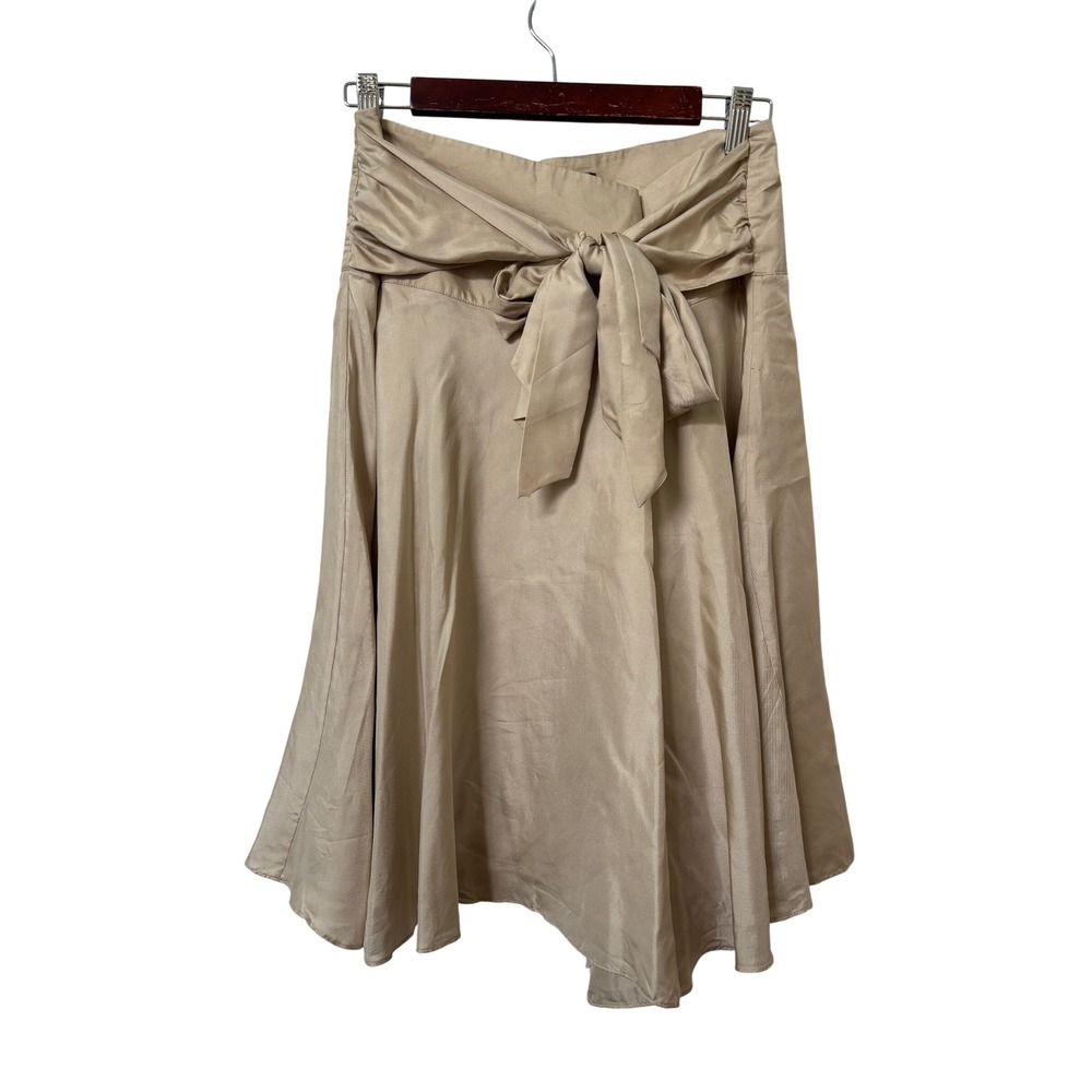 Club Monaco Champagne Beige 100% Silk Bow Front A-Line Skirt Size 8